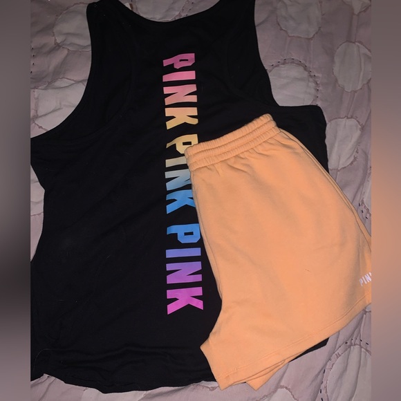 VS PINK NEW! M Black Rainbow Tank Light Orange 3 1/2” Campus Shorts 2 piece SET - Picture 1 of 4